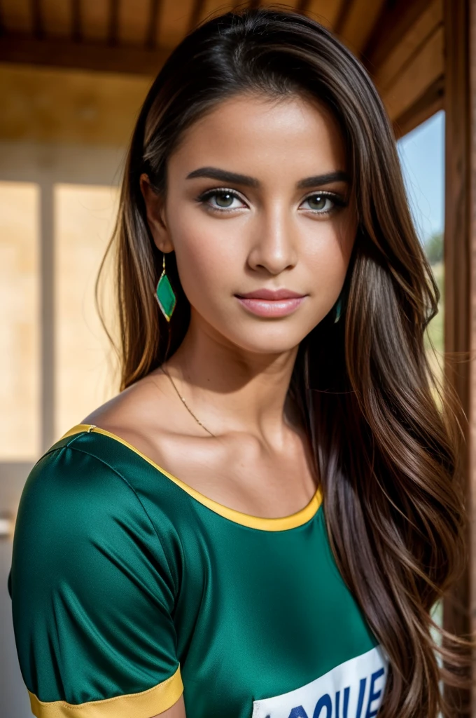1 fille dans, 19 ans,qui pose sexy, Seulement, photo realiste , une belle fille kabyle algérienne, cheveux brun clair ondulés, Bijoux kabyles, Kabylian hair style, Cheveux mi-longs, beau visage berbère kabyle, yeux marron clair-vert, peau claire, visage mince, corps des coureurs, portant une tenue de football de l’equipe de la colombie, (peau texturée, pores de la peau:1.1), chair de poule, pose séduisante, (Extérieur:1.1), stade de foot en arriere plan, ensoleillé, Lumière naturelle, Nikon Z8 + NIKKOR Z 24-120 mm f../4S