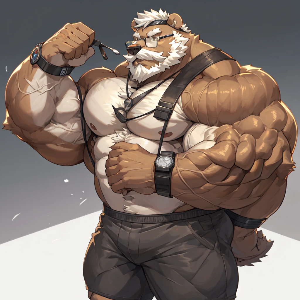 solo, 1boy, Huge Muscular Old Grizzly Bear wearing glasses , pectoral, huge pectoral, wide pectoral, short white hair, short pants, black wristbands, watch and shirtless and topless, bearded, Mustache, simple background, masterpiece, high detailed, 8k, high resolution, at the gym, double biceps arms flex, veins popping