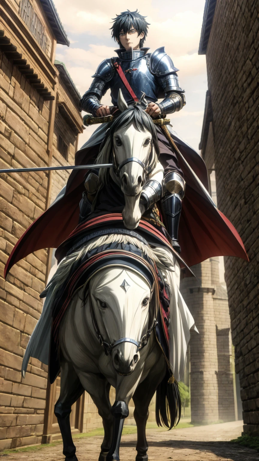 okkotsu yuta,Medieval knight, riding a horse, wearing iron armor, holding a sword, in front of a castle,Anime_journey_style