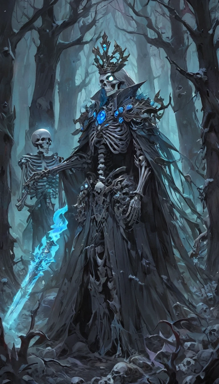 A warlock's patron, an undead king, with glowing blue eyes, in a dark forest, surrounded by a cold, cold color palette, a skeleton army in the background, wearing a bloodstained dress with a blood aura, The flesh is rotting, Skeleton tall 2 meter