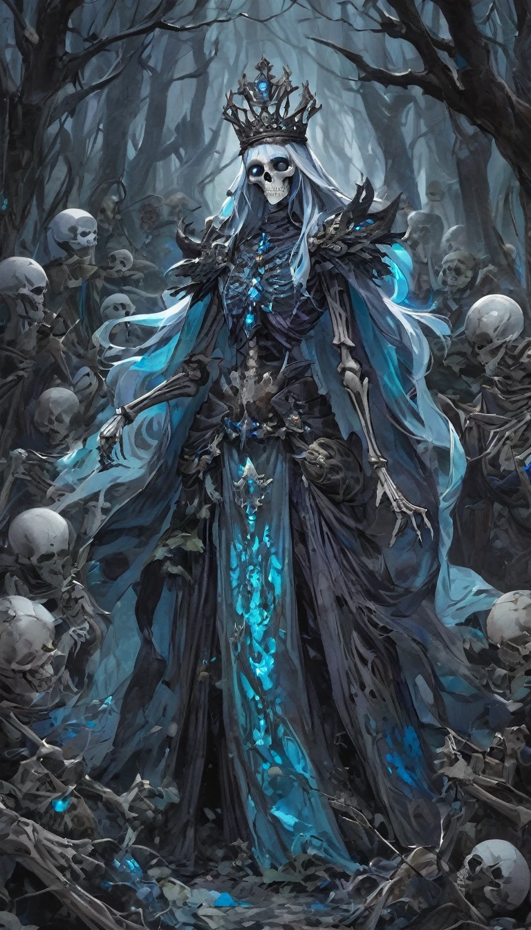A warlock's patron, an undead king, with glowing blue eyes, in a dark forest, surrounded by a cold, cold color palette, a skeleton army in the background, wearing a bloodstained dress with a blood aura, The flesh is rotting, Skeleton tall 2 meter
