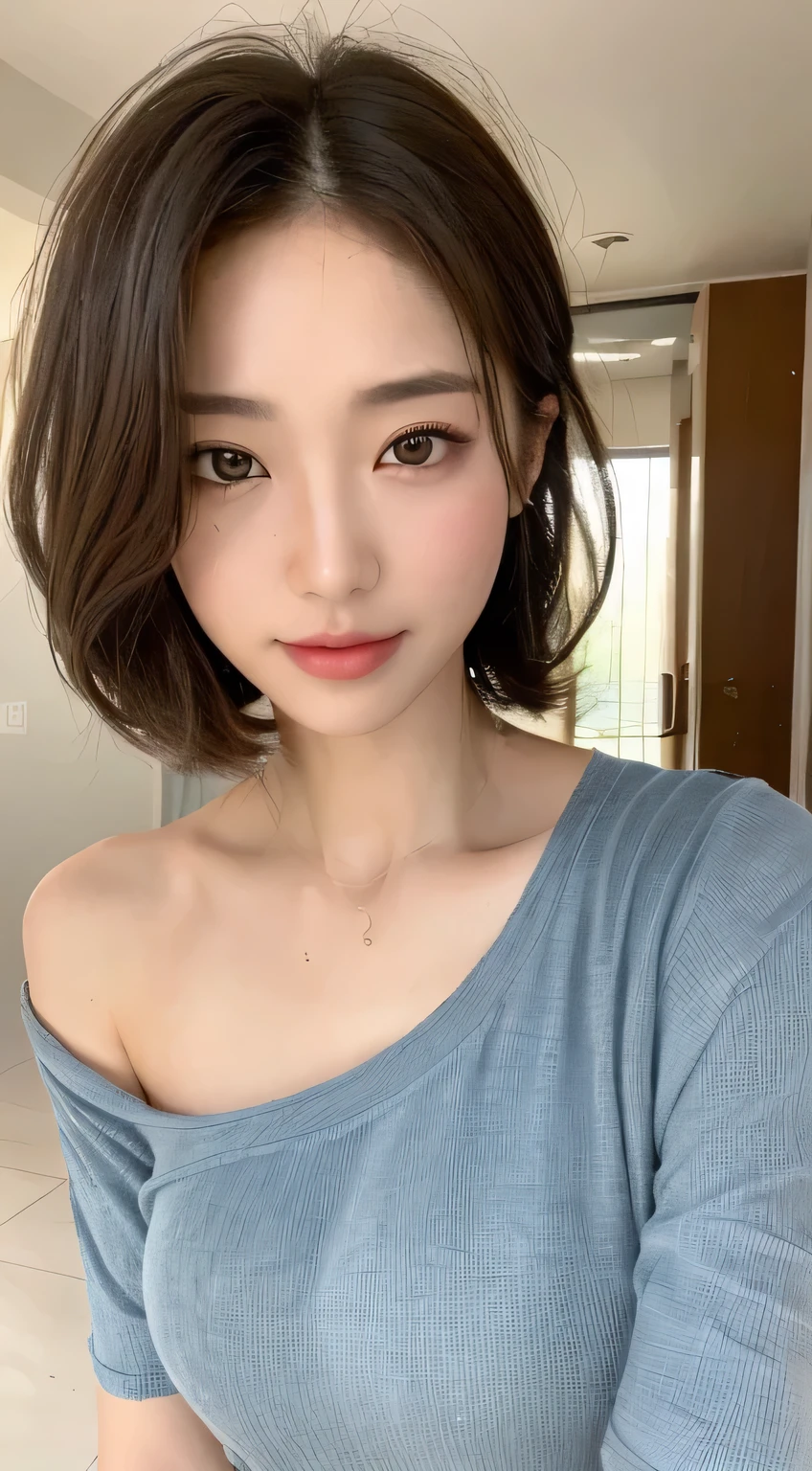 ((Best Picture Quality, 8K, tmasterpiece:1.3)), 1girl, Beautiful woman with slender abs:1.3, (Casual hairstyle, Leaky big breasts:1.2), shift dresses:1.1, Ultra-fine face, Detailed eyes, double eyelid,ssmile,Big Breasts,Cleavage,Cleavage,