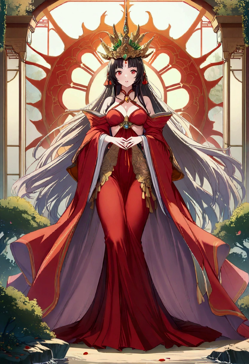 arafed woman in a red dress standing in front of a body of water, concept art inspired by Du Qiong, trending on cg society, fantasy art, a beautiful fantasy empress, ((a beautiful fantasy empress)), anime goddess, appears as the fire goddess, full body xianxia, palace ， a girl in hanfu, chinese style