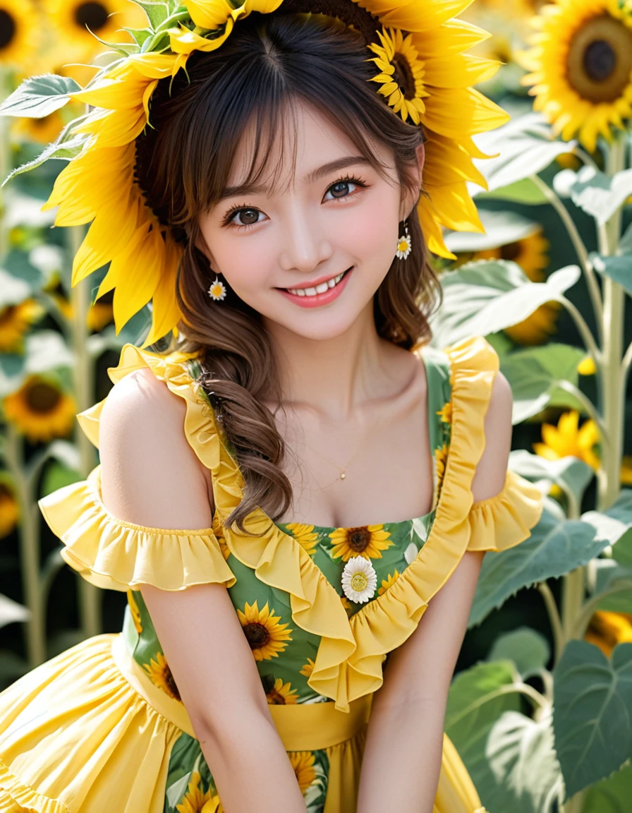 (close up face:0.7), dynamic angle, ultra detailed beautiful photograph, ultra intricate, pastel color, (a lot of frills), smile, The frilly dress with a sunflower motif emits a brightness as if it is wearing the summer sunshine. The dress is decorated with yellow and green frills like sunflower petals, which sway lightly with every movement. A large sunflower is painted in the center of the dress