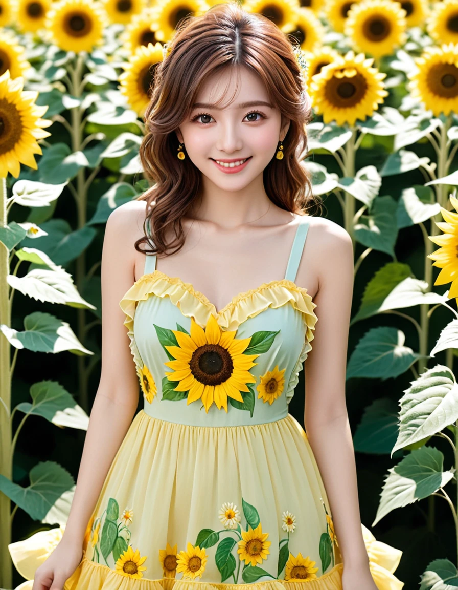 (close up face:0.7), dynamic angle, ultra detailed beautiful photograph, ultra intricate, pastel color, (a lot of frills), smile, The frilly dress with a sunflower motif emits a brightness as if it is wearing the summer sunshine. The dress is decorated with yellow and green frills like sunflower petals, which sway lightly with every movement. A large sunflower is painted in the center of the dress