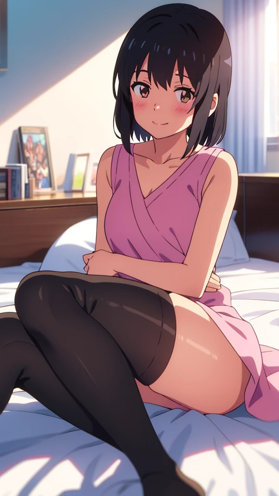 shinkai makoto, kimi no na wa., 1girl, bangs, black hair, blush, brown eyes, looking at the viewer, bare shoulders, pink sleeveless dress, short hair, solo, indoors, bedroom, shinny skin, smile, delightful, cute, thighhighs, Sleeping in large bed