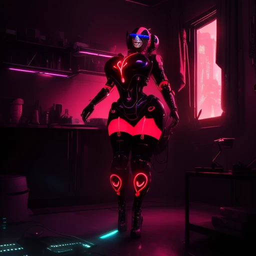 a sex worker bimbo cyborg lady with a human heart, average height, extreme curvy body, being turned into a sexbot, properly clothed, sci-fi apocalyptic environment with volumetric lighting god rays, colorful with warm colors, cyberpunk, hyperealism , high heels.