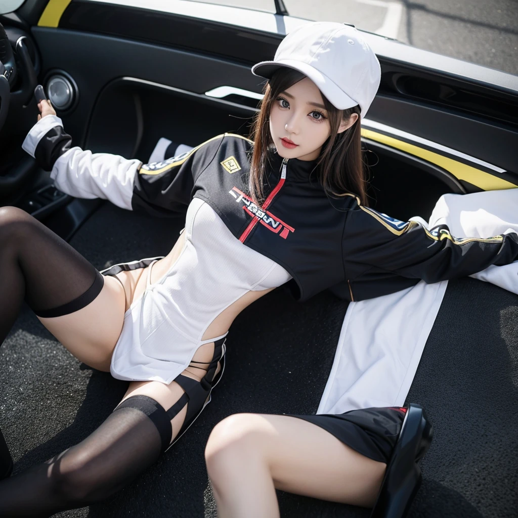 Super detailed photos、Detailed face、Lip gloss、Cool woman、Colorful costumes、F1 Driver Cosplay、Colorful costumes、Clothing with company logo、Grid Girlsのカラフルで派手な衣装、Grid Girls、Perfect Face、Paddock Girls、Harem、motor Show、tights、Bodycon Costumes、Grid Girls、Russia、Grid Girlsのコスプレ、belly button、Pleated skirt、Bodycon Costumes、Legs open pose、Spread your legs to show your crotch