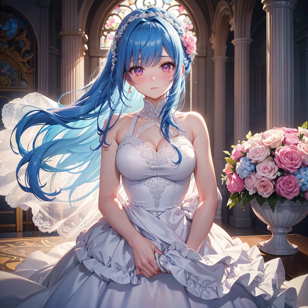 Sky Blue Medium Hair, (Braided Hair),(Pink Eyes),Fair skin ,(whole body),(1 girl),bride,blush,Straight bangs, 6月のbride,Wedding dress,(masterpiece, Highest quality, Very detailed, Best Shadow), (Detailed Background), (Beautifully detailed face), High Contrast, (Best lighting, Very delicate and beautiful), ((Cinematic Light)), colorful, Hyper Detail, Dramatic Light, Intricate details,Wedding hall,