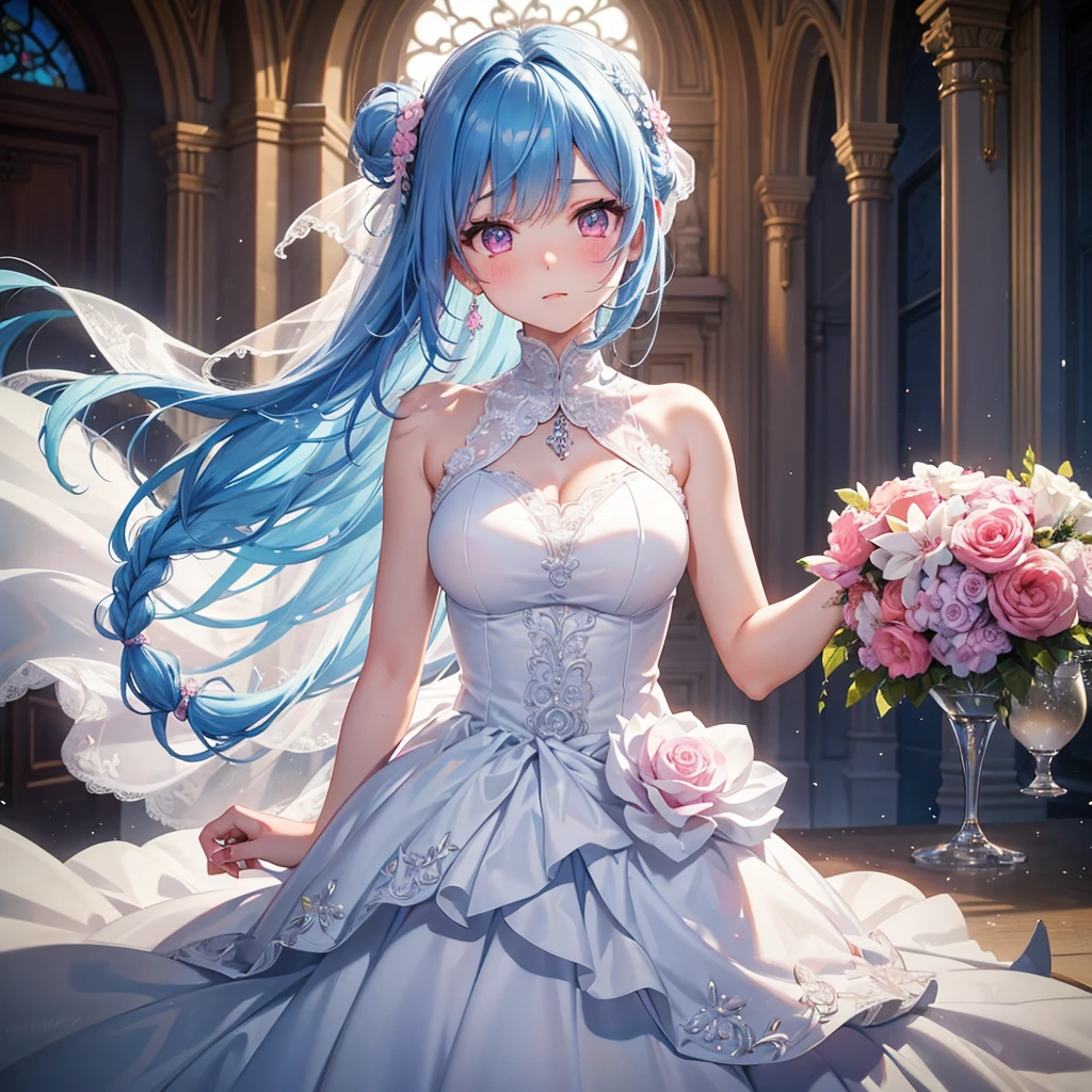 Sky Blue Medium Hair, (Braided Hair),(Pink Eyes),Fair skin ,(whole body),(1 girl),bride,blush,Straight bangs, 6月のbride,Wedding dress,(masterpiece, Highest quality, Very detailed, Best Shadow), (Detailed Background), (Beautifully detailed face), High Contrast, (Best lighting, Very delicate and beautiful), ((Cinematic Light)), colorful, Hyper Detail, Dramatic Light, Intricate details,Wedding hall,