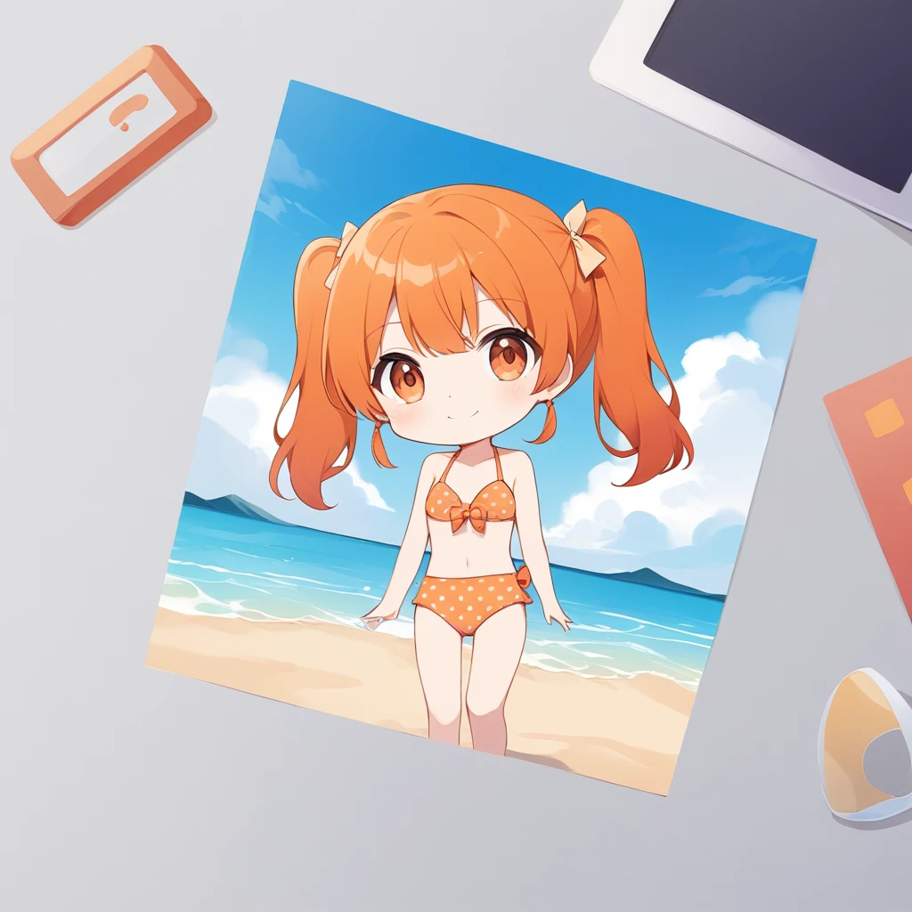 Orange Hair, Orange eyes,girl,Pigtails with both ends tied,smile, Little, in swimsuit,girl一人,Littleキャラ,anime,whole body,mini,bikini