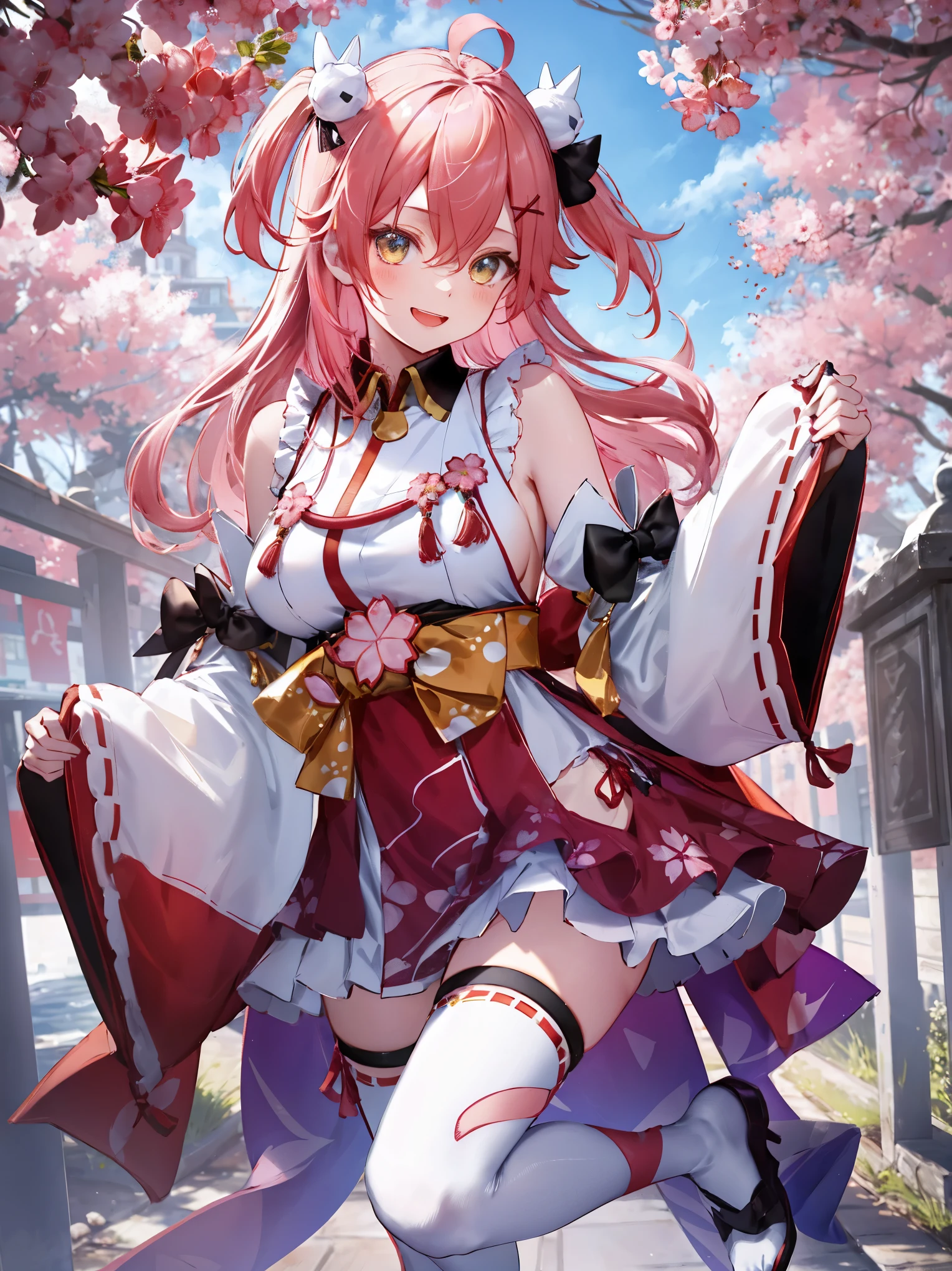 masterpiece, best quality, highres, miko1, sakura_miko, 1girl, big_boobs, solo, ahoge, x_hair_ornament, pink_hair, floral print, hairclip,(side_less_clothes:1.5), (side_boobs:1.5), hair_bell, floral print, long_hair, hair ween eyes, one side up, white thighhighs, asymmetrical legwear, wide sleeves, open_mouth,(happy:1.3),gleen_eyes,big_smile,(rise_leg:1.3),plump,apart_legs,(overly_long_sleeves:1.3),),sleeves_past_wrists,hands_hidden_sleeves,sidelock_clothes,dynamic_posing,solo,hidden_wrists,(XD:1.4),covered_nipples,sunlight,cherryblossom_background,