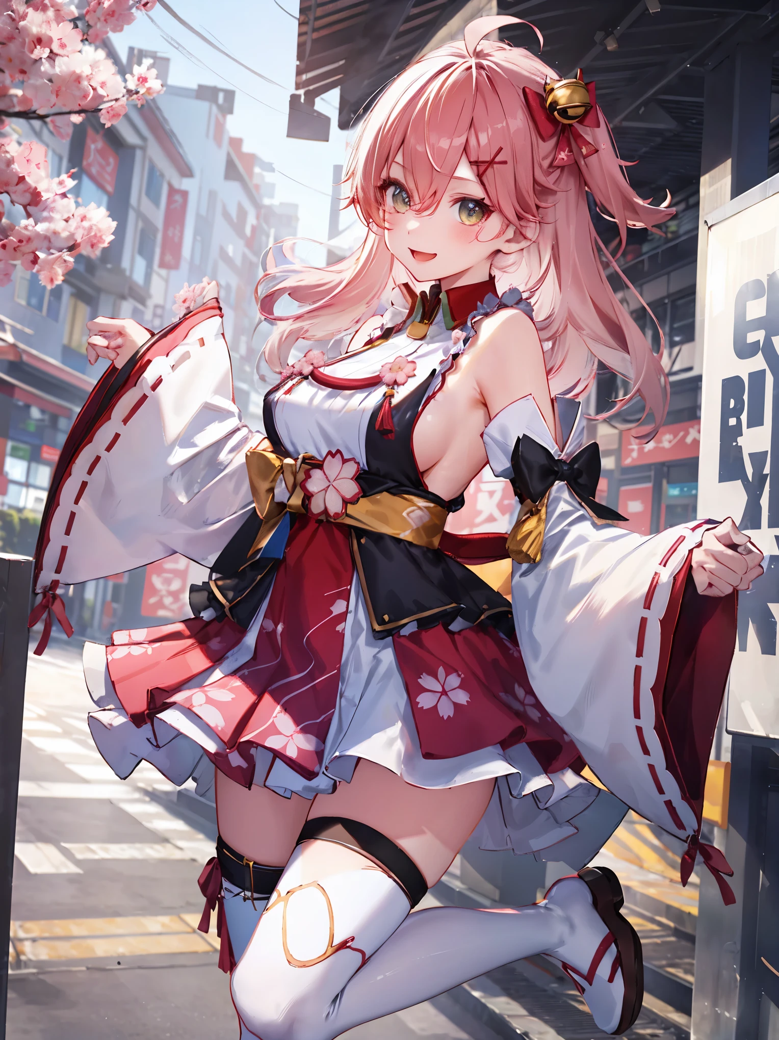 masterpiece, best quality, highres, miko1, sakura_miko, 1girl, big_boobs, solo, ahoge, x_hair_ornament, pink_hair, floral print, hairclip,(side_less_clothes:1.5), (side_boobs:1.5), hair_bell, floral print, long_hair, hair between eyes, one side up, white thighhighs, asymmetrical legwear, wide sleeves, open_mouth,(happy:1.3),gleen_eyes,big_smile,(rise_leg:1.3),plump,apart_legs,(overly_long_sleeves:1.3),),sleeves_past_wrists,hands_hidden_sleeves,sidelock_clothes,dynamic_posing,solo,hidden_wrists,(XD:1.4),covered_nipples,sunlight,cherryblossom_background,
