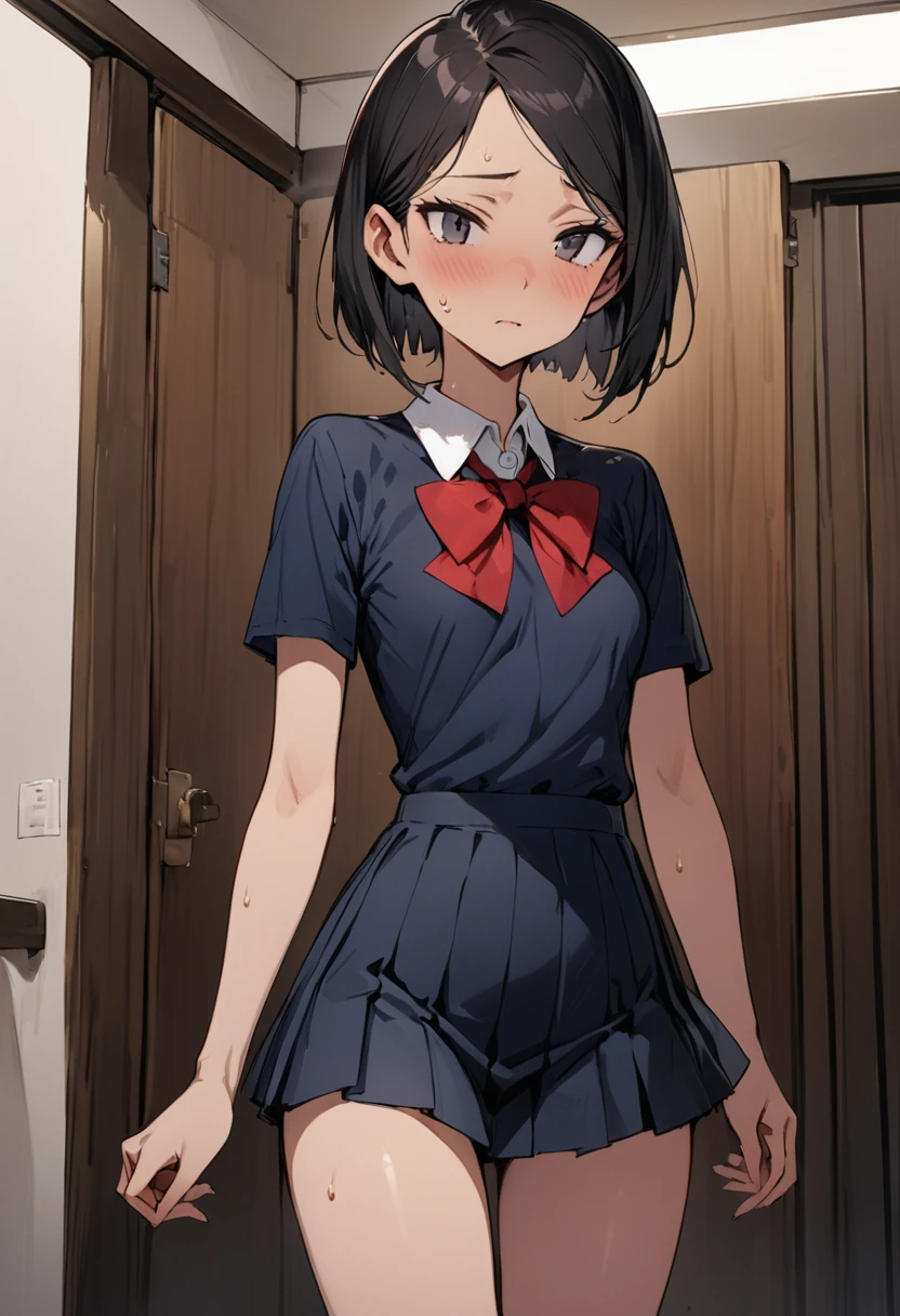 ((masterpiece,Highest quality:1.3,best quality illustration)),cowboy shot,独奏,1woman,18 year old beautiful girl、black hair,short bob hair,(center parted bangs),black eyes,(gorgeous eyes),shy,((Slender,skinny)),tan skin,small breasts,(Collared short-sleeved shirt、red bowtie,Navy blue pleated mini skirt),sweat,gleaming skin,oily skin,Slender body, Simple bed、Simple bedroom、Tokyo、