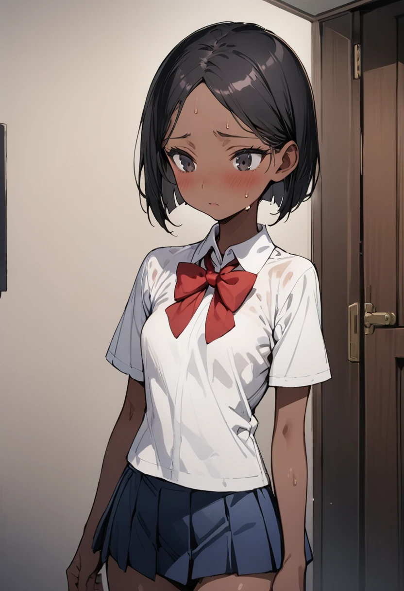 ((masterpiece,Highest quality:1.3,best quality illustration)),cowboy shot,独奏,1woman,18 year old beautiful girl、black hair,short bob hair,(center parted bangs),black eyes,(gorgeous eyes),shy,((Slender,skinny)),tan skin,small breasts,(Collared short-sleeved shirt、red bowtie,Navy blue pleated mini skirt),sweat,gleaming skin,oily skin,Slender body, Simple bed、Simple bedroom、Tokyo、
