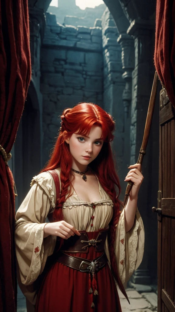 a beautiful 20 year old peasant girl, red hair named Elara, dark fantasy style, 80s, cinematic