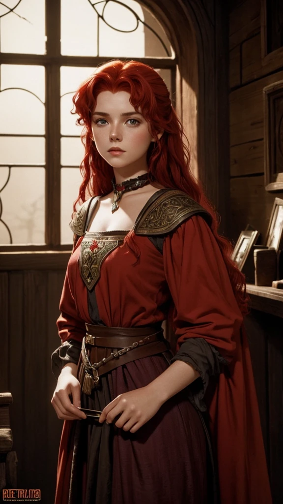 a beautiful 20 year old peasant girl, red hair named Elara, dark fantasy style, 80s, cinematic