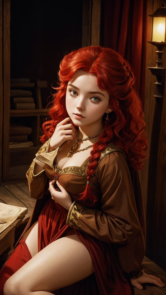 a beautiful 20 year old peasant girl, red hair named Elara, dark fantasy style, 80s, cinematic