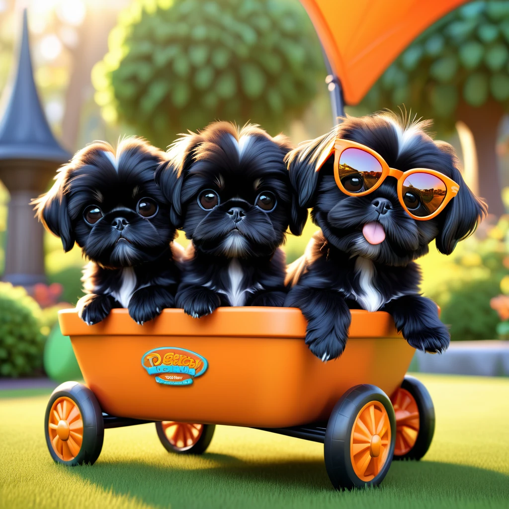 2 adorable small black shih tzu puppies,orange sunglasses,pulled in wagon,park,3d cartoon,3d render,disney pixar style,cute,playful,vibrant colors,soft lighting,highly detailed,photorealistic,4k,best quality,masterpiece