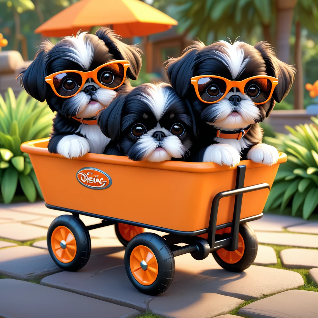 2 adorable small black shih tzu puppies,orange sunglasses,pulled in wagon,park,3d cartoon,3d render,disney pixar style,cute,playful,vibrant colors,soft lighting,highly detailed,photorealistic,4k,best quality,masterpiece