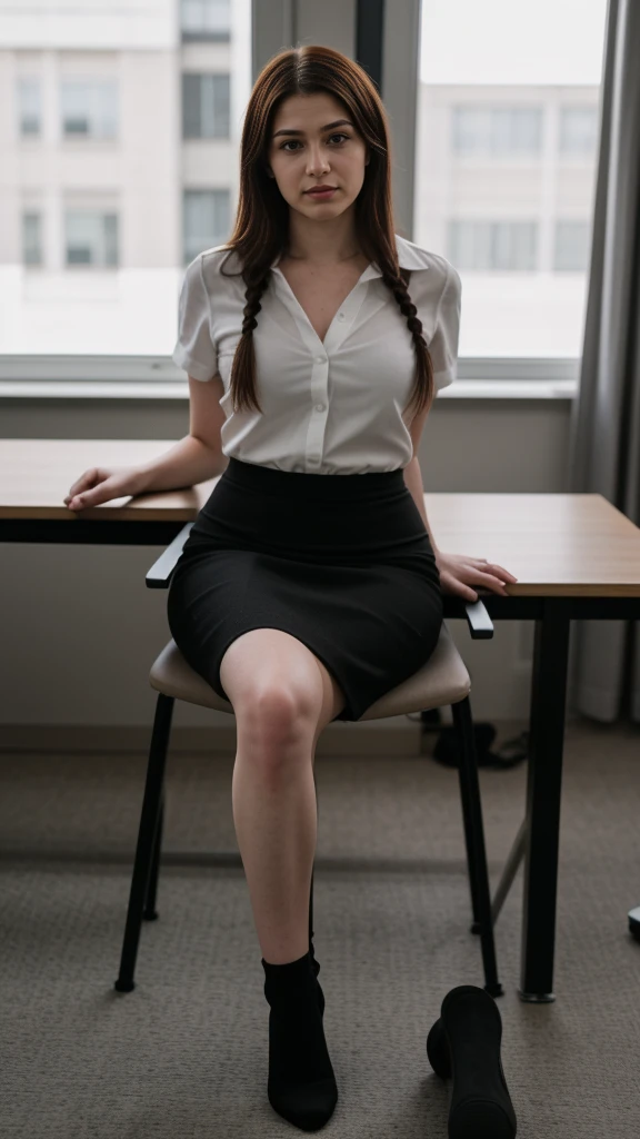 meghan trainor, secretary outfit, pencil skirt, ((wide hips:.75)), thicc, sitting at desk, 35 years old, hair in tight braid, round glasses, sensual, shy, film grain, raw photo, masterpiece, photorealistic, high definition, tall socks, stalkings, flat chest, dwarf, short height, petit, small, ((small head))