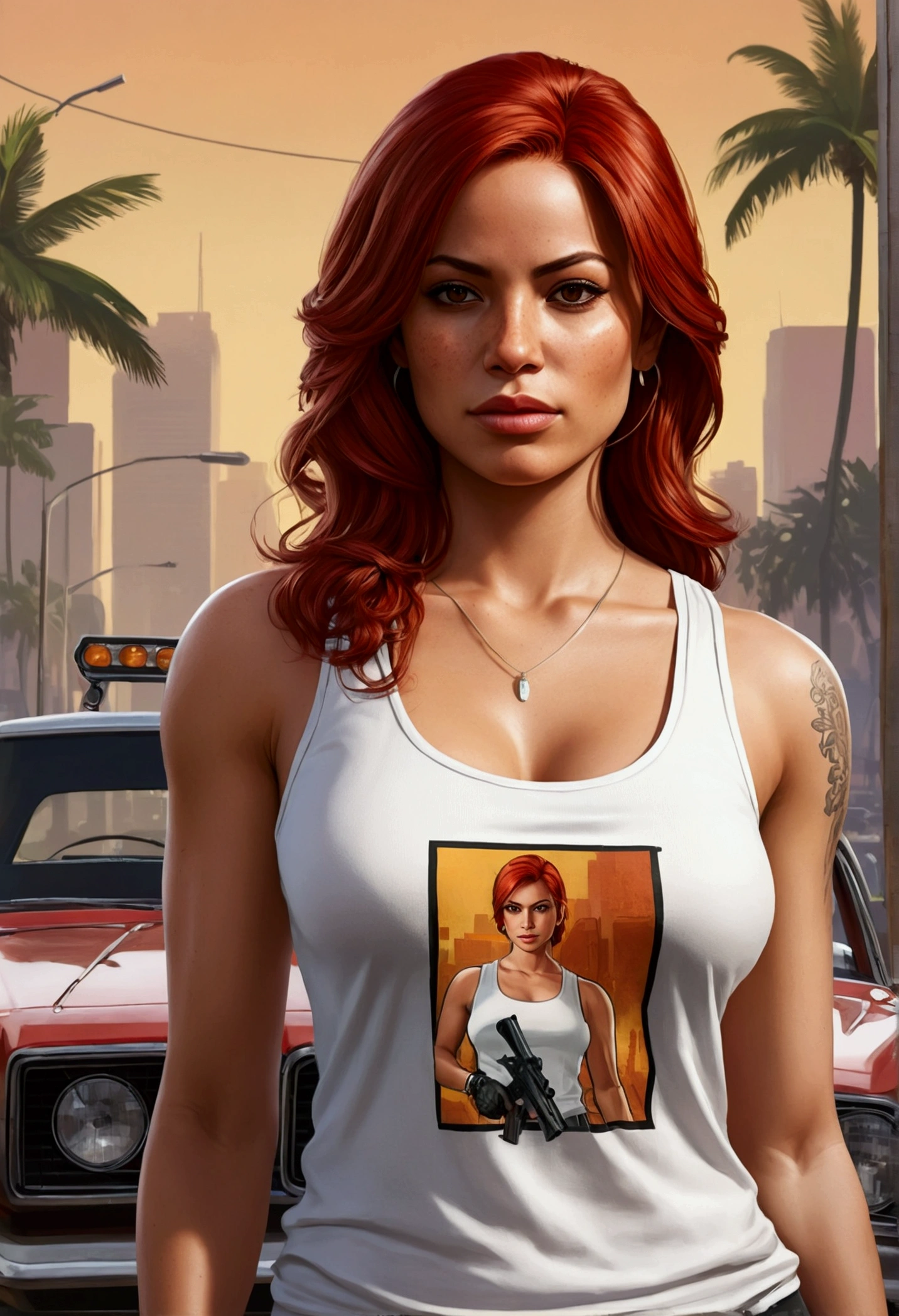Make a redhead Latina girl character with a white tank top in a portrait style artwork from the Grand Theft Auto franchise