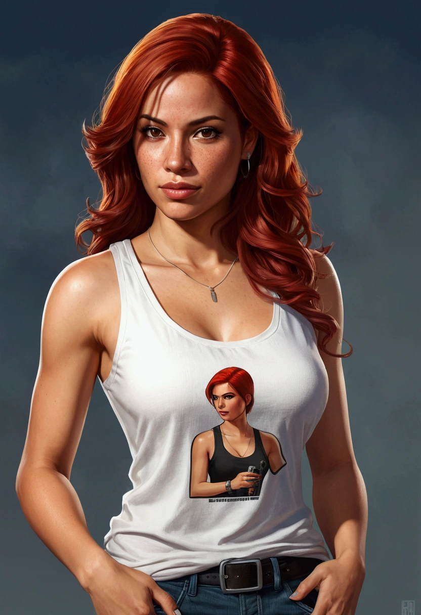 Make a redhead Latina girl character with a white tank top in a portrait style artwork from the Grand Theft Auto franchise