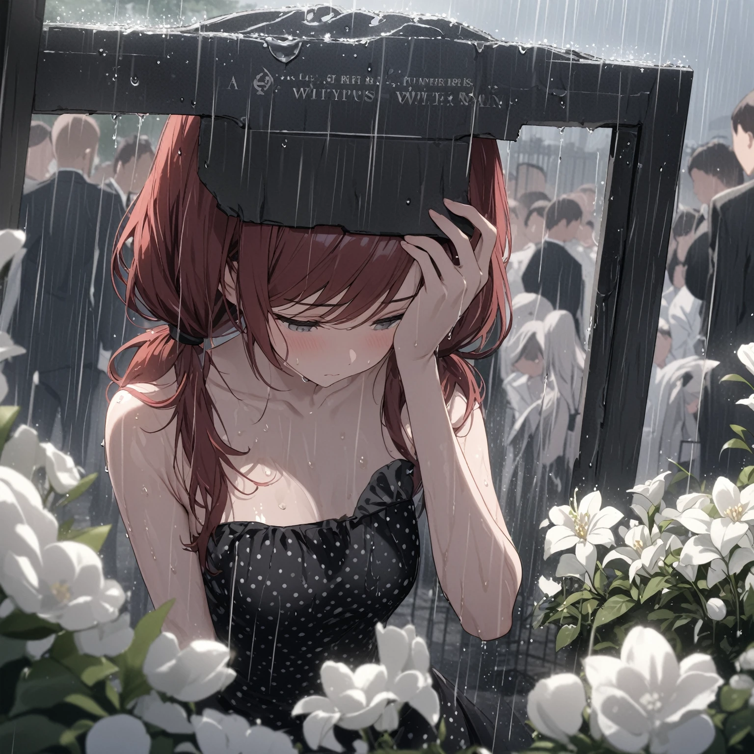 Best quality, masterpiece, light particles, slate colors, short young woman with dark red hair in low twin tails, swept bangs, gray eyes, looking down, stoic, shadow covering eyes, funeral, strapless polka dot dress, black belt, white flowers, gate, people in background, rain, wet clothes, wet skin