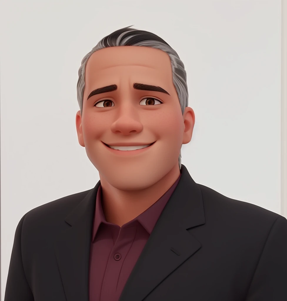smiling, black hair but gray on the sides