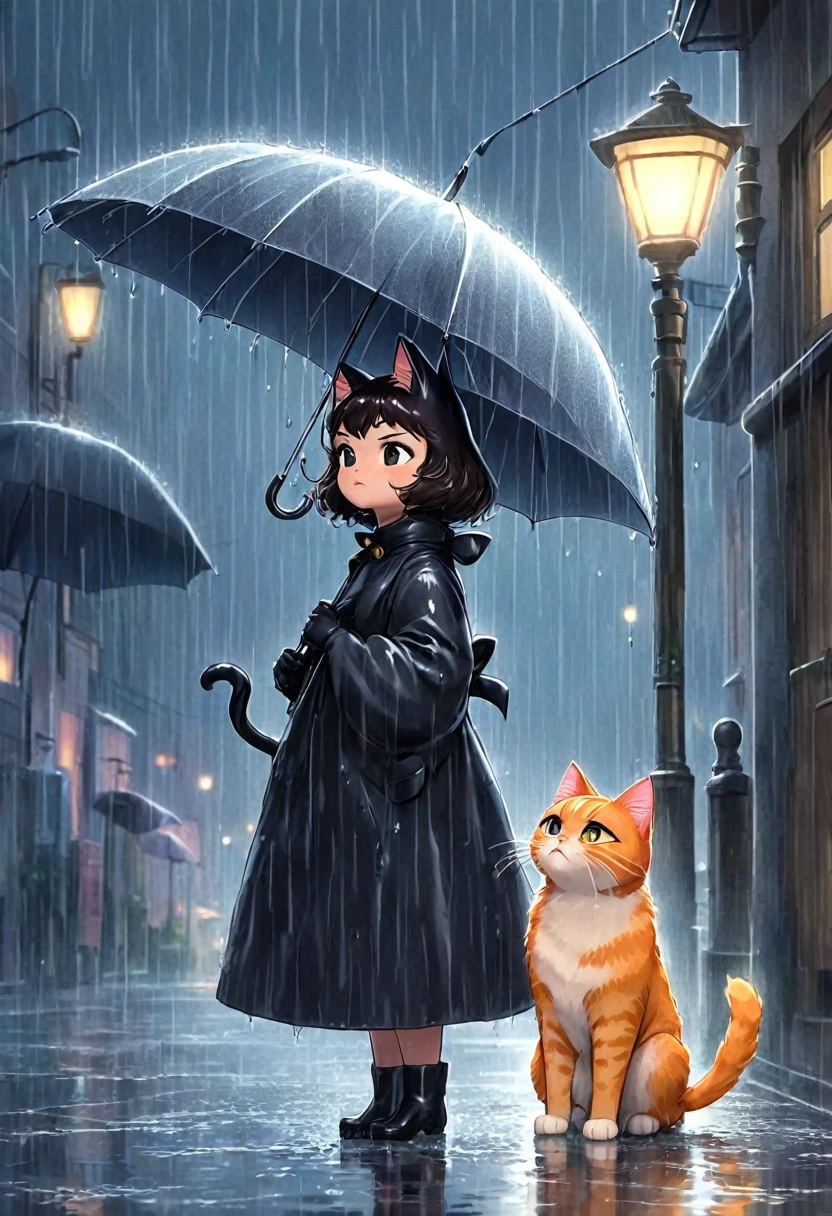Anime cat and a girl standing in the rain, Kubis Art, Rainy night, Ghibli art style, Studio Ghibli illustrations, studio Ghibli art style, catwoman, very beautiful cute catwoman, Ghibli art style, Lovely digital painting, Ghibli inspiration, Studio Ghibli Art, Hayao Miyazaki, cute anime catwoman, Realistic anime cat, Orange cat