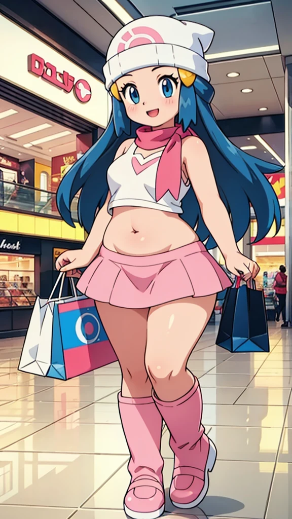 best quality,4k,8k,highres,masterpiece:1.2,ultra-detailed,realistic:1.37,portrait,illustration,girldawn \(pokemon\), beanie, long hair, blue hair, blue eyes, black sleeveless shirt, pink scarf, pink skirt, pink boots, body shape, curvy, downblouse, visible navel, chubby thighs,beautiful detailed eyes,beautiful detailed lips,detailed facial features,shopping mall,joyful expression,colorful clothing,modern fashion,shiny floors,large glass windows,brand name stores,shopping bags,escalators,crowded aisles,bustling atmosphere,shopping spree,happy atmosphere,vivid colors,soft natural lighting