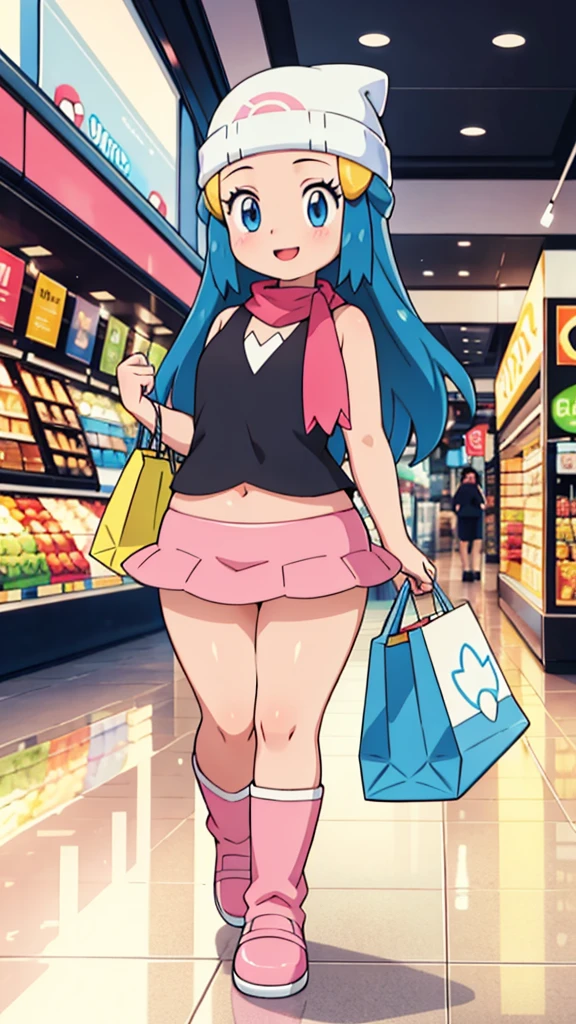 best quality,4k,8k,highres,masterpiece:1.2,ultra-detailed,realistic:1.37,portrait,illustration,girldawn \(pokemon\), beanie, long hair, blue hair, blue eyes, black sleeveless shirt, pink scarf, pink skirt, pink boots, body shape, curvy, downblouse, visible navel, chubby thighs,beautiful detailed eyes,beautiful detailed lips,detailed facial features,shopping mall,joyful expression,colorful clothing,modern fashion,shiny floors,large glass windows,brand name stores,shopping bags,escalators,crowded aisles,bustling atmosphere,shopping spree,happy atmosphere,vivid colors,soft natural lighting
