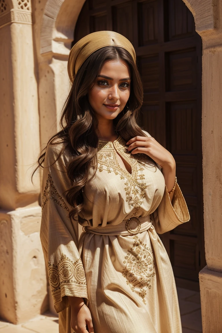 Instagram models pose in Fes, in traditional clothes, full entire body, beautiful detailed eyes, beautifully detailed lips, extremely detailed eyes and face, nice rosa Haar ((best qulaity)), ((​masterpiece)), (detailled), perfect face, full entire body, smile , long brown curvy hair , long caftan , long moroccan dress
