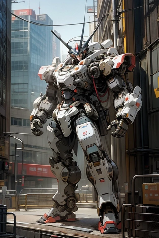 The robot has a toilet on its chest,Super Robot,Giant Robot,Standing in a big city,Retro,masterpiece,best quality,super detailed,super fine illustration