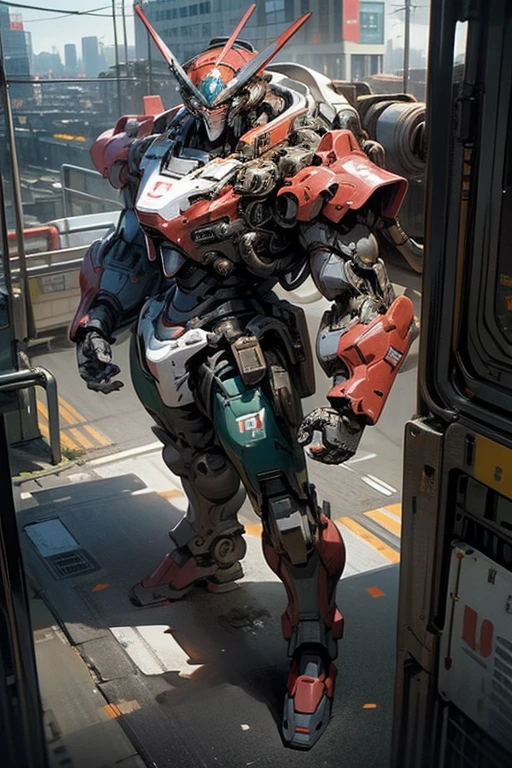 The robot has a toilet on its chest,Super Robot,Giant Robot,Standing in a big city,Retro,masterpiece,best quality,super detailed,super fine illustration
