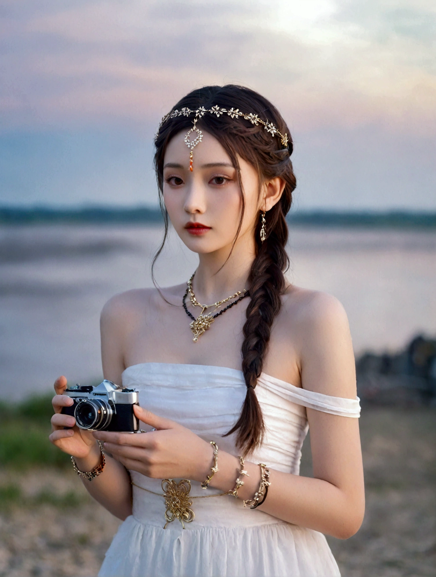 1girl, solo, long hair, brown hair, black hair, dress, holding, bare shoulders, jewelry, upper body, braid, outdoors, parted lips, necklace, white dress, bracelet, strapless, blurry background, circlet, realistic, camera, holding camera