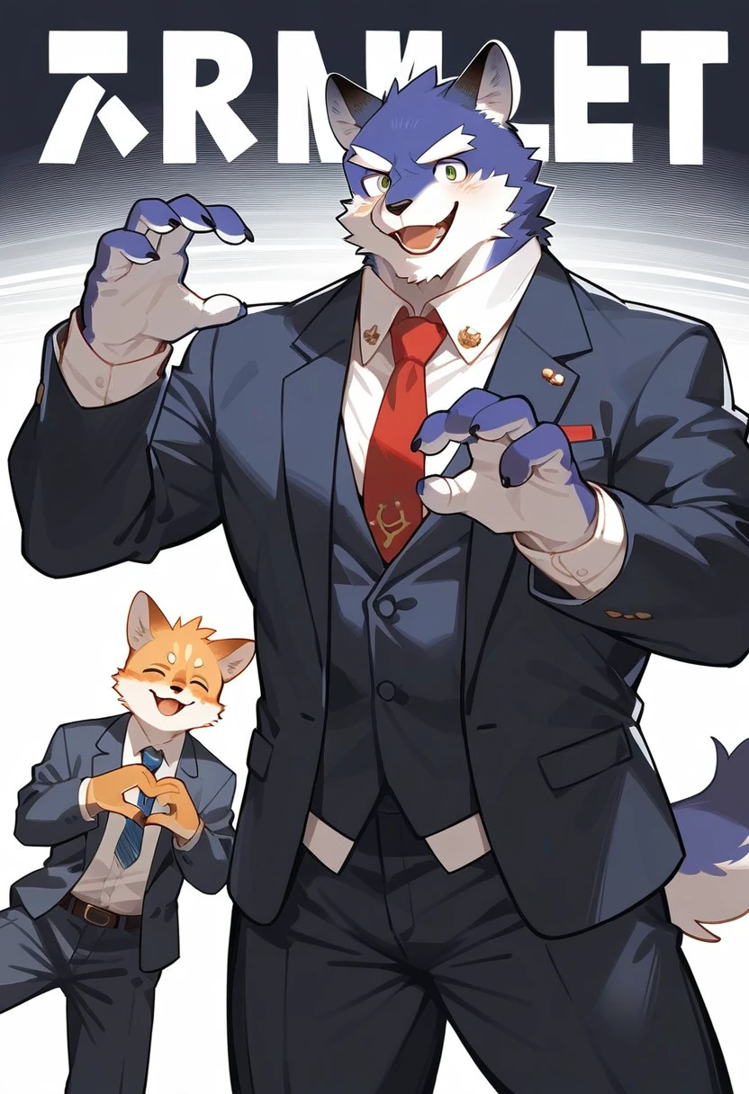cover page, highres, top quality, best quality, paid reward available, High-quality illustrations, unparalleled masterpiece, perfect artwork, absurdres, super high resolution, detailed background, perfect ???????, nice 2boys, kemono, suit, furry anthro, Top executives shake hands on the achievement of the project, smile, portrait,