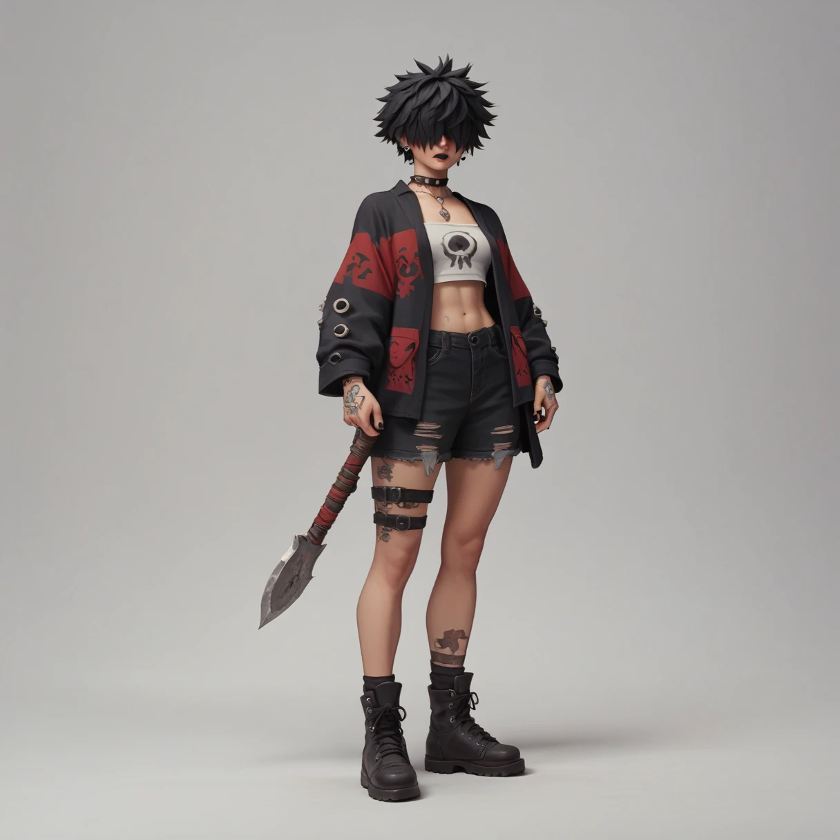 Tall emo woman with model body and hair covering her eyes and she will have two tall masters the perspective she will be taller and the camera will be lower suggesting that she is big the camera will be from the perspective of a dwarf