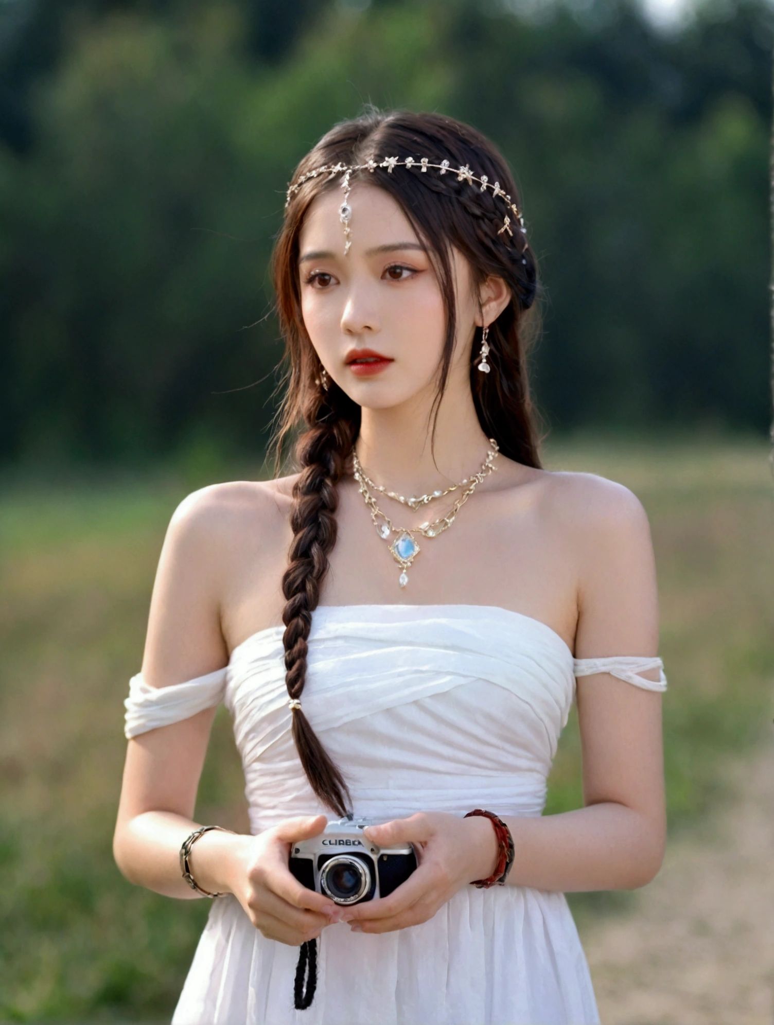 1girl, solo, long hair, brown hair, black hair, dress, holding, bare shoulders, jewelry, upper body, braid, outdoors, parted lips, necklace, white dress, bracelet, strapless, blurry background, circlet, realistic, camera, holding camera