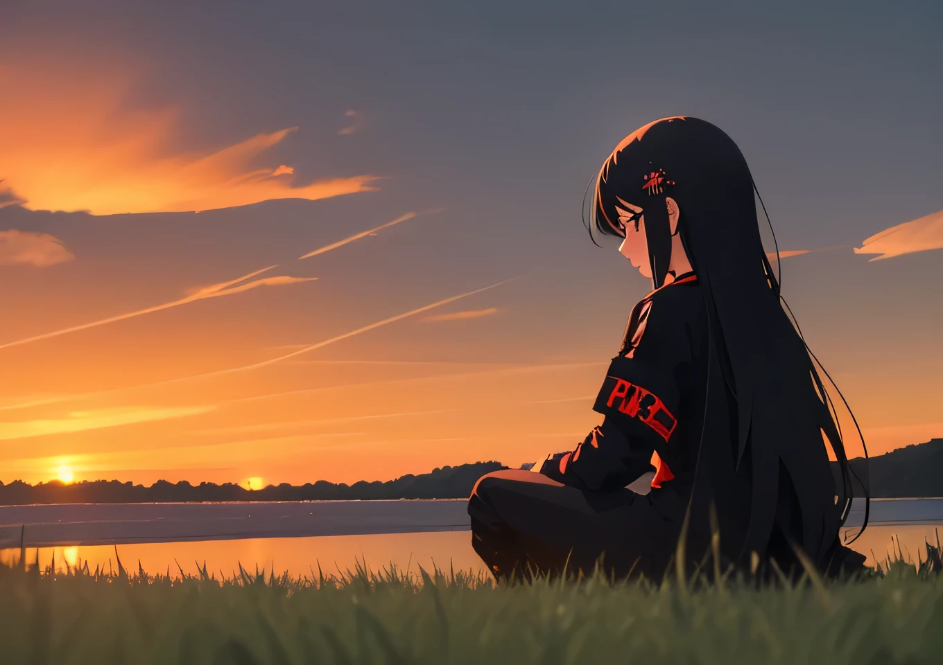Create art of a goth anime girl,sitting on the grass with your back,watching the horizon,with black shirt with Legends logo,plaid pants in red and black,black sneakers,flying near a black cat ,In the background, a very colorful sunset in orange and dark blue,with fluffy clouds forming the phrase Lil Cas't
