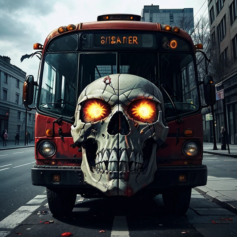 generate for me an image of the front of a damaged bus, so that you can see the entire front of the bus with a driver looking like a psychopathic zombie skull, coming as if to collide with whoever is watching, the bus has to be facing you to be able to see the written bus itinerary "Passengers of the Agony"