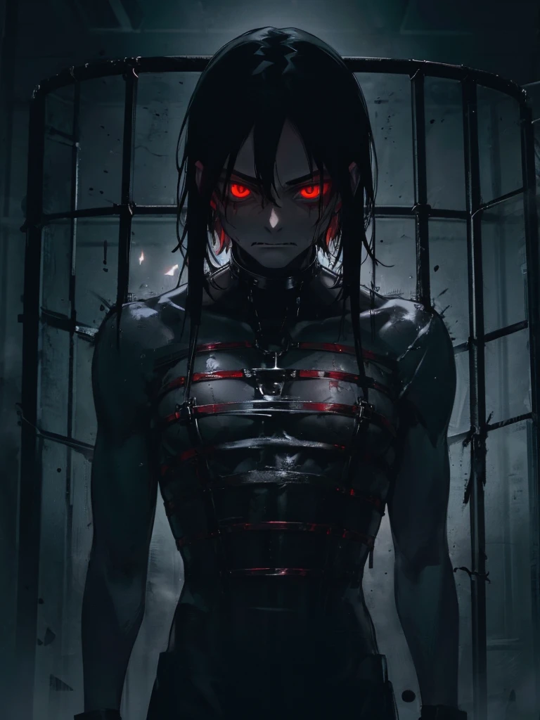A man, long black hair, red eyes, fair skin, thin body, quadruple amputee, no limbs, in a cage, bound, chained, desperate expression