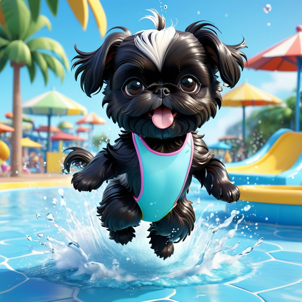 2 adorable small black shih tzu puppies, white bathing suits, sunglasses, water park, 3d cartoon, 3d render, disney pixar style, cute, playful, splashing water, vibrant colors, dynamic poses, wet fur, whimsical, highly detailed, masterpiece, photorealistic, 8k