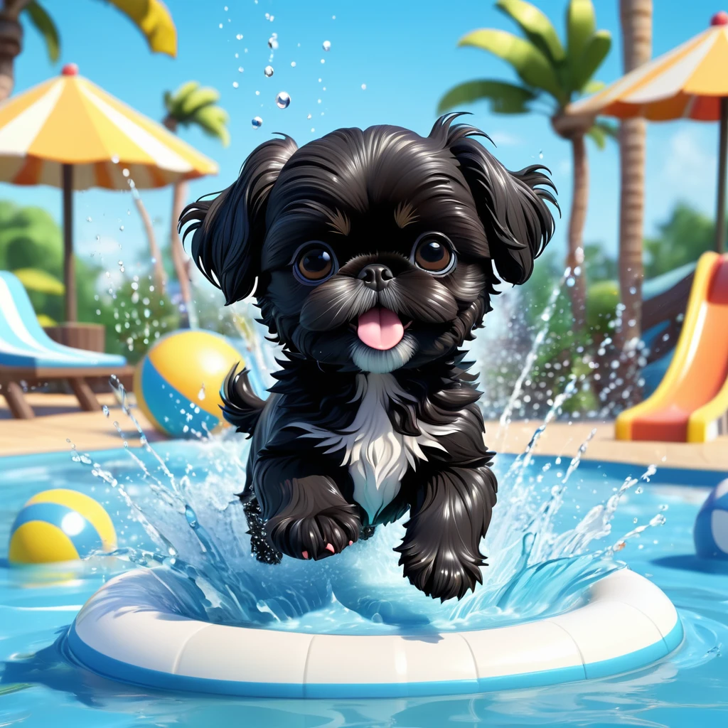 2 adorable small black shih tzu puppies, white bathing suits, sunglasses, water park, 3d cartoon, 3d render, disney pixar style, cute, playful, splashing water, vibrant colors, dynamic poses, wet fur, whimsical, highly detailed, masterpiece, photorealistic, 8k