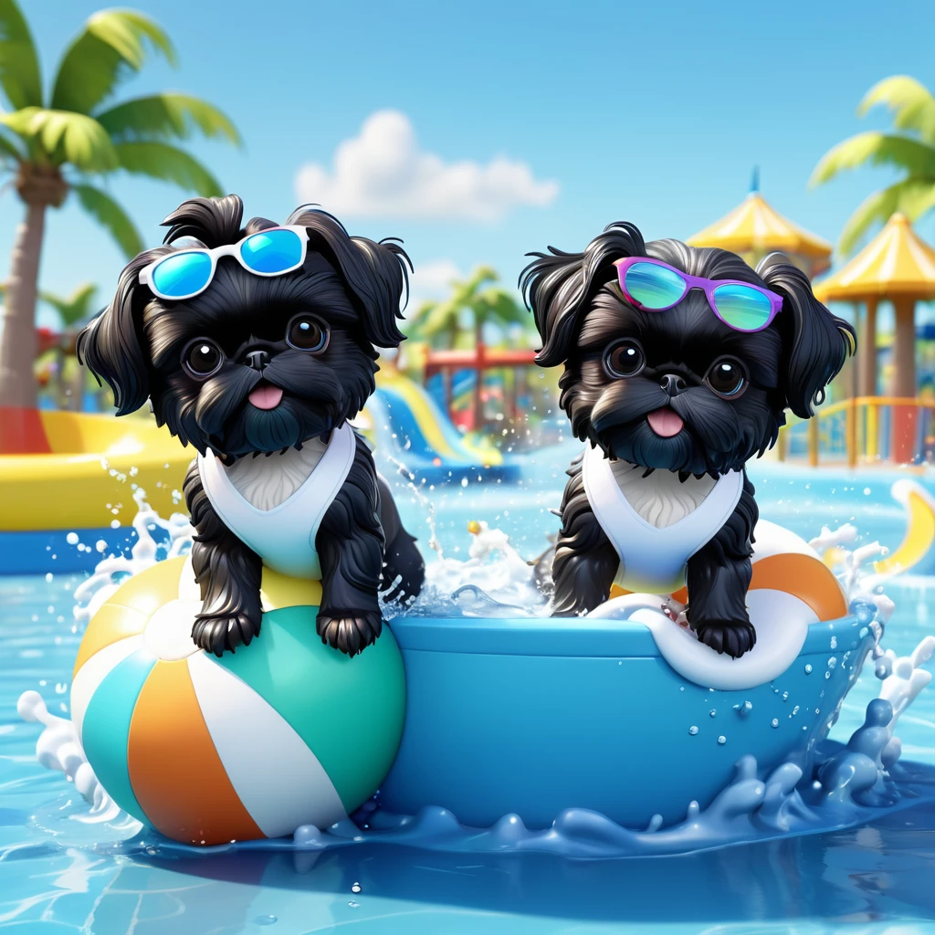 2 adorable small black shih tzu puppies, white bathing suits, sunglasses, water park, 3d cartoon, 3d render, disney pixar style, cute, playful, splashing water, vibrant colors, dynamic poses, wet fur, whimsical, highly detailed, masterpiece, photorealistic, 8k