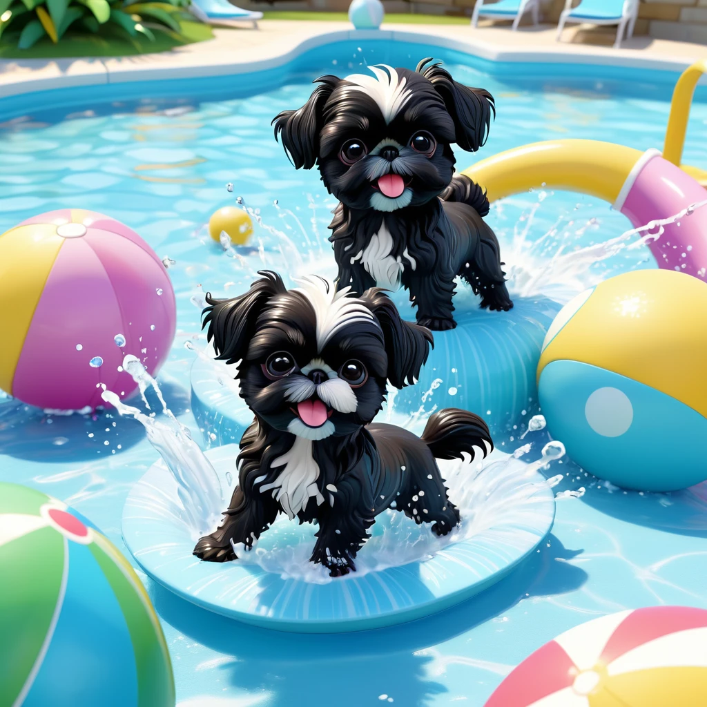2 adorable small black shih tzu puppies, white bathing suits, sunglasses, water park, 3d cartoon, 3d render, disney pixar style, cute, playful, splashing water, vibrant colors, dynamic poses, wet fur, whimsical, highly detailed, masterpiece, photorealistic, 8k
