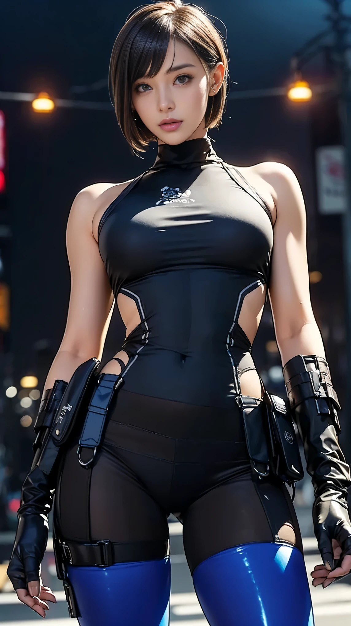 (woman),(((フューチャーフォースのwomanメンバーが立っている))),((Shiny dark blue tactical tights:1.5)),((earphone:1.5)),((Tactical Holster:1.5)),(gloves:1.5),(Severe:1.5),(Super Short Hair:1.5),(Beautiful Eyes:1.3),(Very detailedな顔:1.5),((Very detailedなwomanの手の描画:1.5)),(((Muscular:1.5))),((Sexy Appearance:1.5)),((Thick thighs:1.5)),(Beautiful body:1.5),((Very sensual:1.5)),(The background is a futuristic city:1.5),(Cyberpunk atmosphere:1.5),(((Blurred Background:1.5))),(Depth of written border:1.5),rest(((masterpiece:1.5),(Highest quality:1.5),(Very detailed:1.5),(High resolution:1.5),(practical:1.5),(practical:1.5),(Delicate depiction),(Carefully drawn))),8k,wallpaper