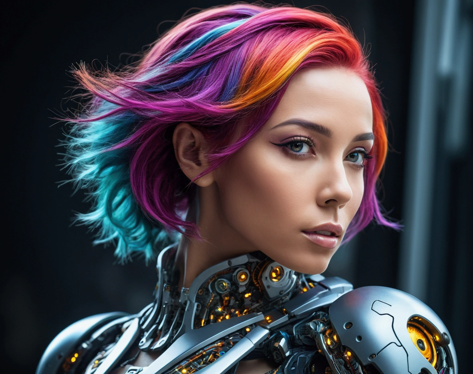 "A stunning, beautiful woman with colorful hair, high-resolution photo capturing the essence of a futuristic cyborg with intricate details and dynamic angles."