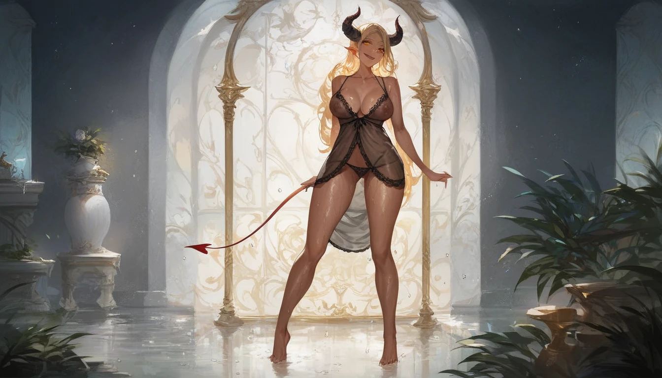 score_9, score_8_up, score_7_up, score_6_up, score_5_up, score_4_up, 2girl, solo, extreme detail, Masterpiece, Best Quality, beautiful, high res image, rating_explicit, evil smile, demon horns, succubus, golden eyes, golden hair, dark skin, Expression excited, wearing nude lace nightgown, bend forward ,wet body, water droplets, sexy thighs, standing , Room, (seductive:1.1), night, moonlight, perfect lighting, full body