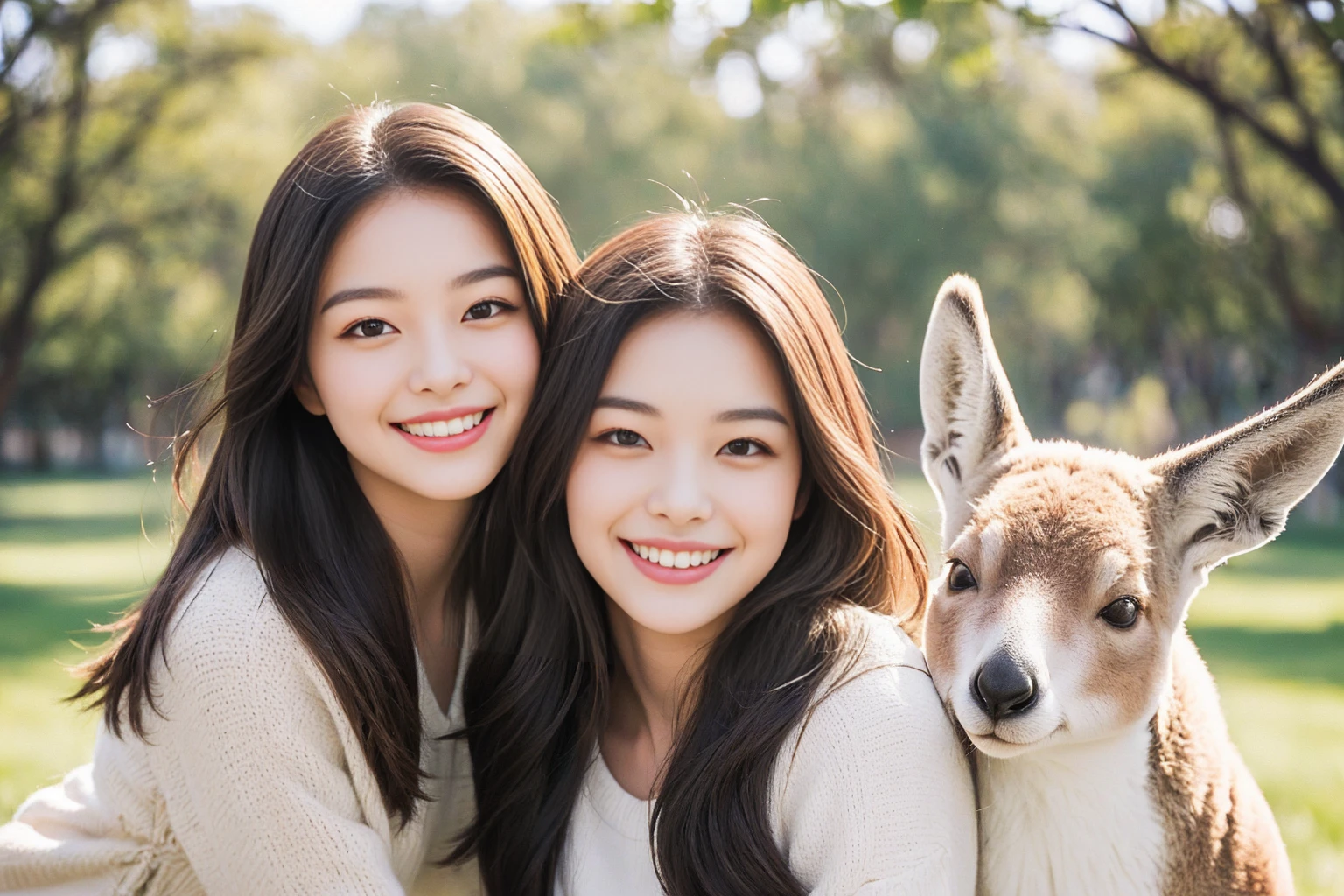 Highest quality　A smiling girl is inside the kangaroo&#39;s belly　Photo style　Real　Fairy tale